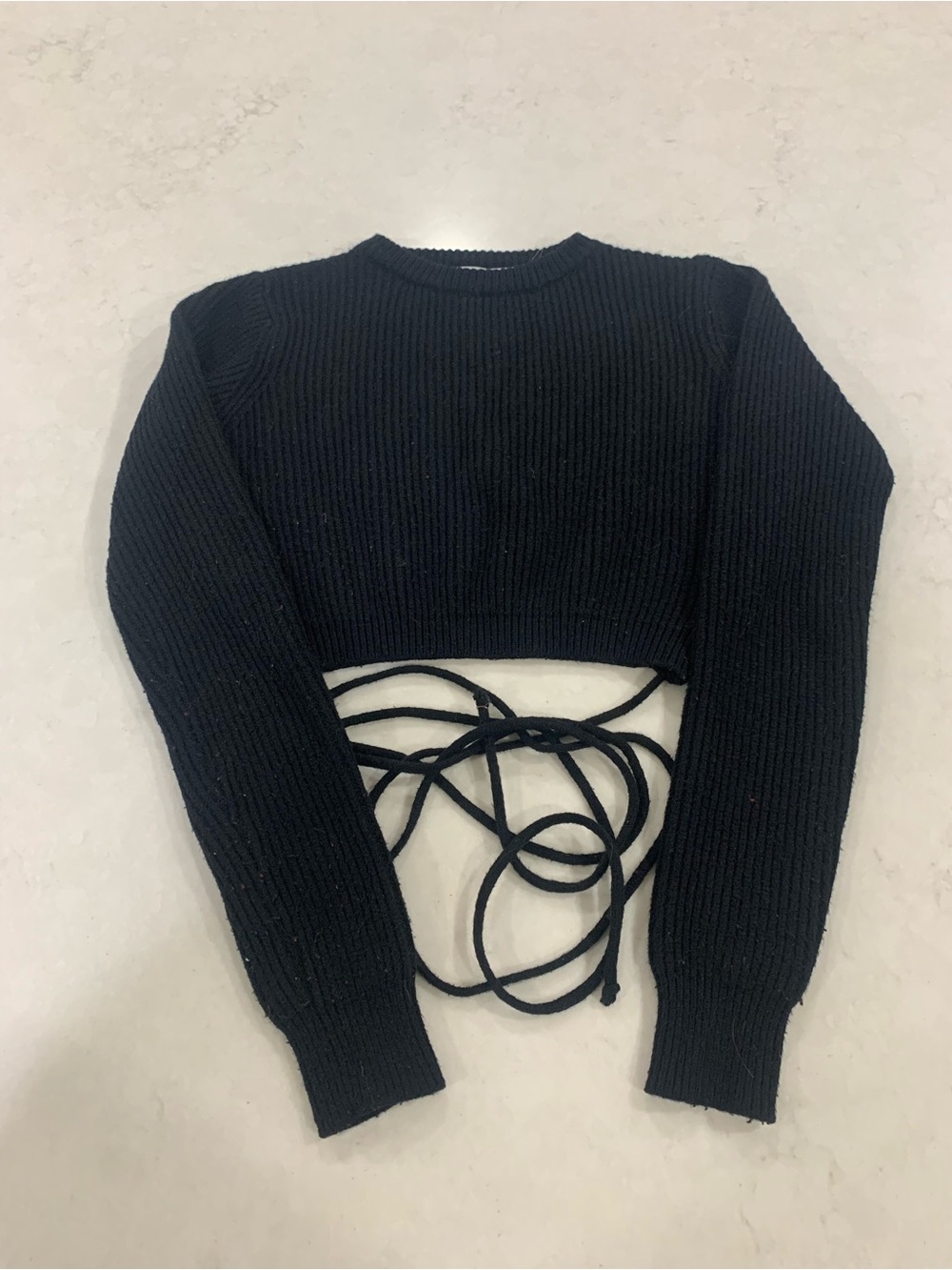 Adika Black Long-Sleeve Lace-Up Cropped Knit Top